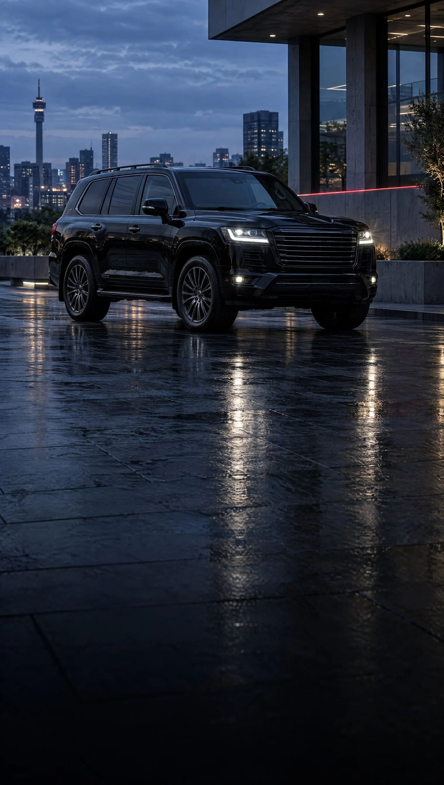 Black executive SUV parked at dusk outside a glass office building, with the Johannesburg skyline behind